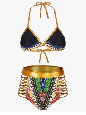 Zando Brand Women's Medium NWOT Metallic Gold & Black African Bikini Swimsuit